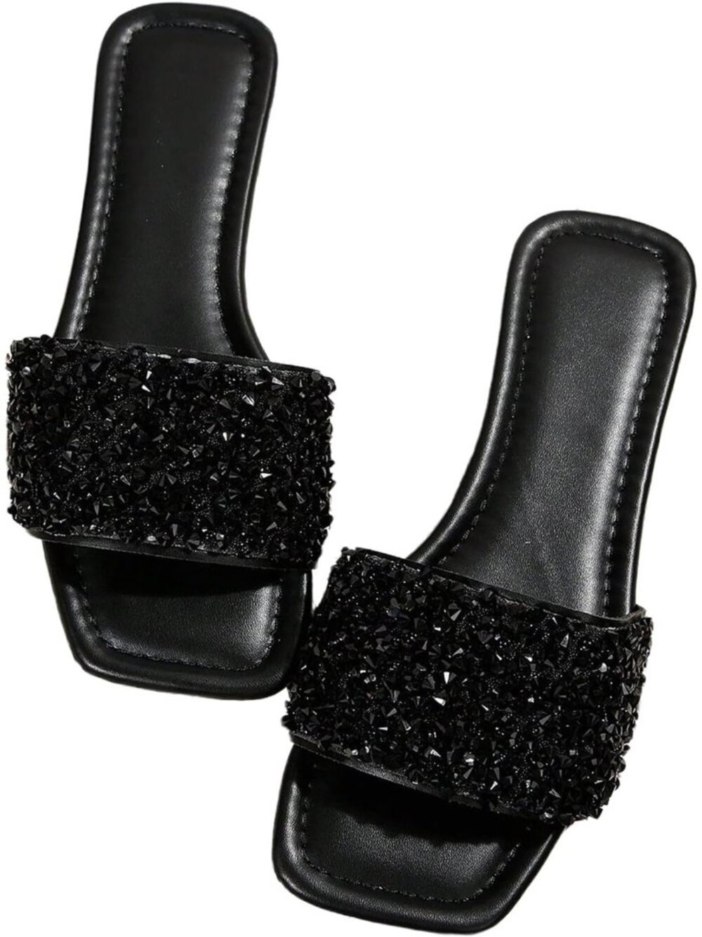 Women's Black Glitter Leather Sparkly Jeweled Open Toe Glitter Shiny Flat Sandal